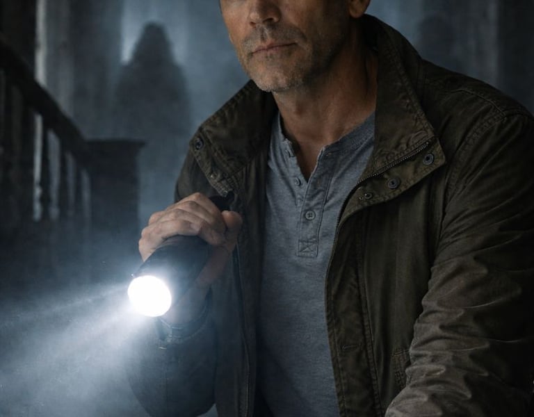 a man in a dark room with a flashlight light shining on his hand