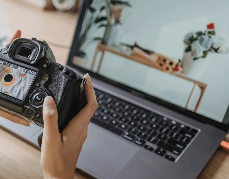 Photographer reviewing real estate photos for fast editing.