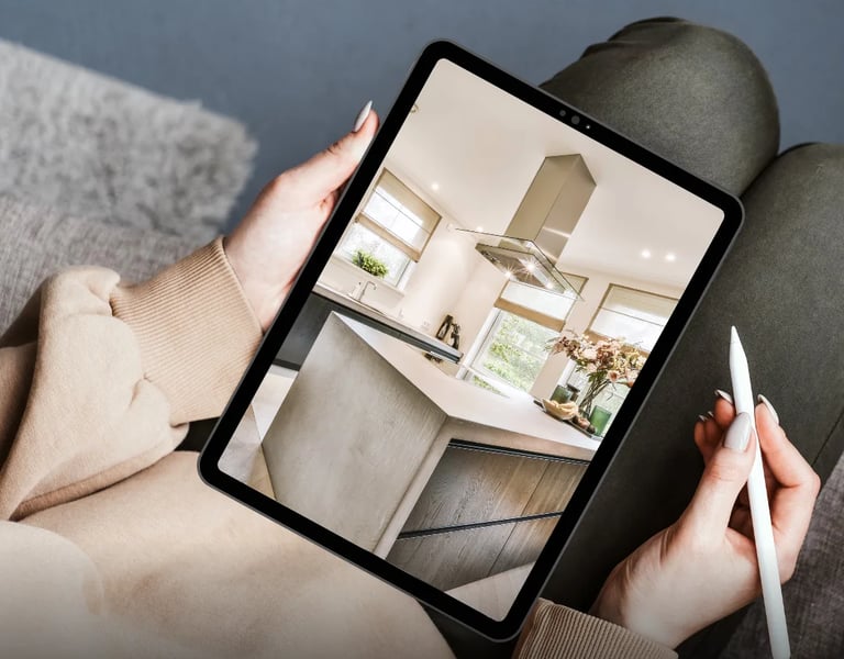 A person viewing a high-quality real estate virtual tour on a tablet, showcasing a modern kitchen