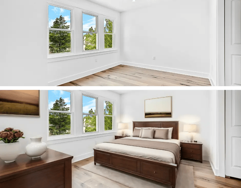 Before and after image of virtual staging transforming an empty bedroom into a cozy furnished space