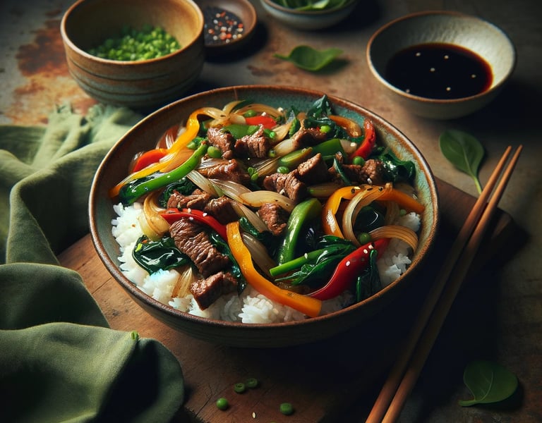 un bol de riz avec du boeuf et des legume le Bò Lúc Lắc"