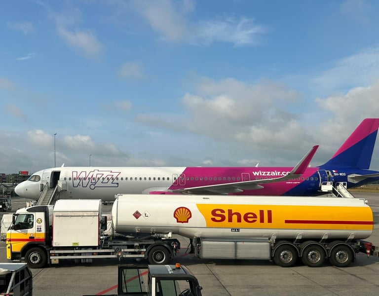 A plane being refueled by a Shell fuel truck