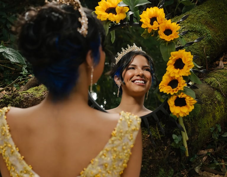 Retrato editorial de quinceañera en Quito reflejada en espejo con girasoles. Iluminación cinematográfica premium.