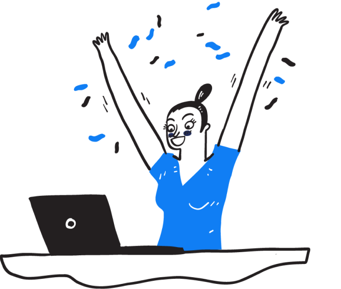 Ilustração de mulher comemorando sucesso em frente ao laptop