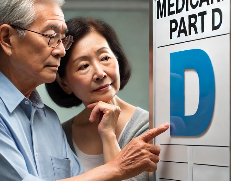 Older couple looking at sign saying Medicare part D.