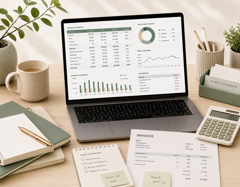 Laptop showing a business finance dashboard with invoices, calculator, client payment folder, notebo