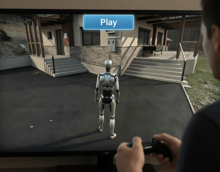 A person playing a simulation game featuring a humanoid robot standing outside a modern house.
