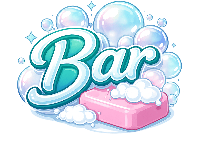 The word “Bar” in teal cursive lettering, surrounded by iridescent bubbles and pink bar of soap.