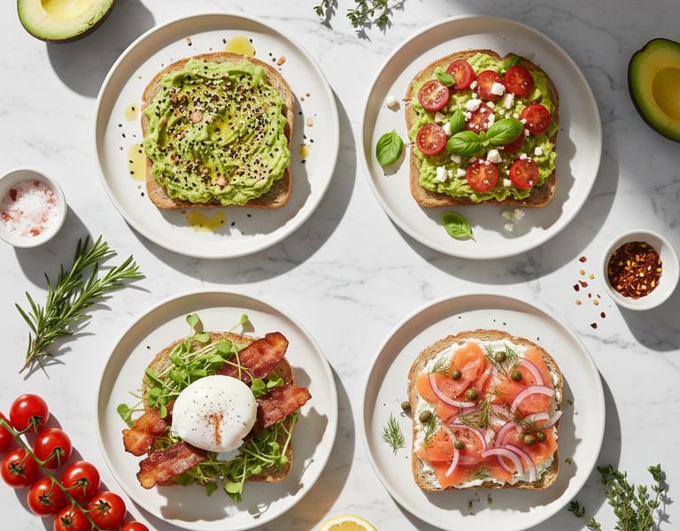 a table with a variety of avocado toast.