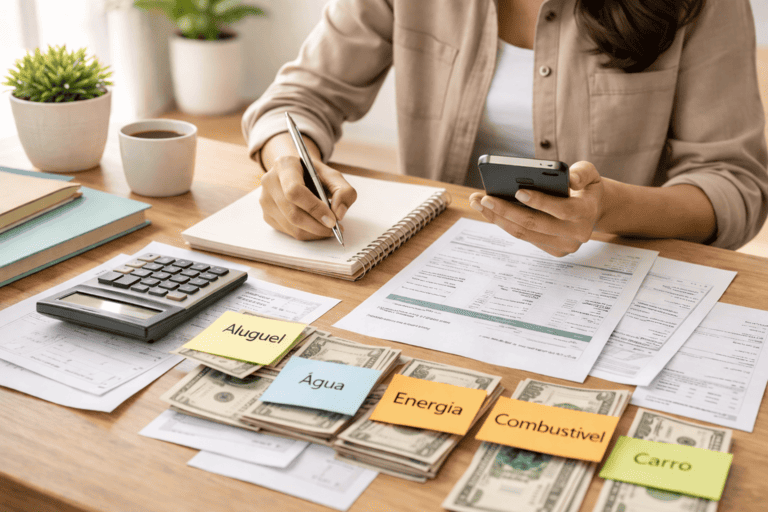 Pessoa organizando orçamento mensal com contas, calculadora e categorias de despesas.