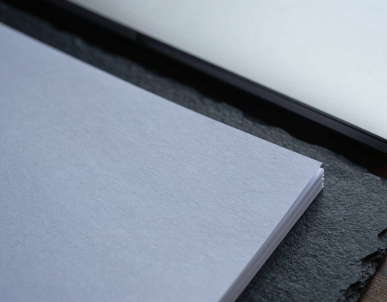 Close-up of heavy textured paper documents resting on a dark slate desk, architectural shadows, cool overcast daylight.