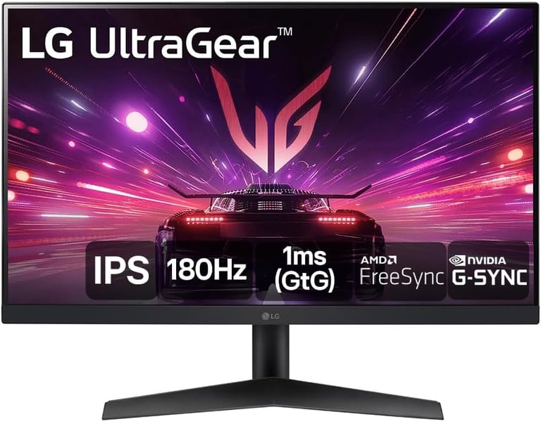 LG UltraGear gaming monitor with 180Hz refresh rate, 1ms GtG response time, and NVIDIA G-SYNC compatibility.
