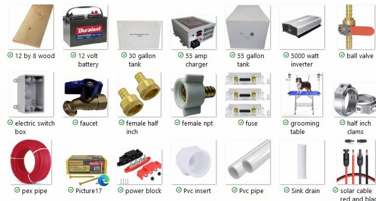 Product list to convert a van into a mobile grooming unit