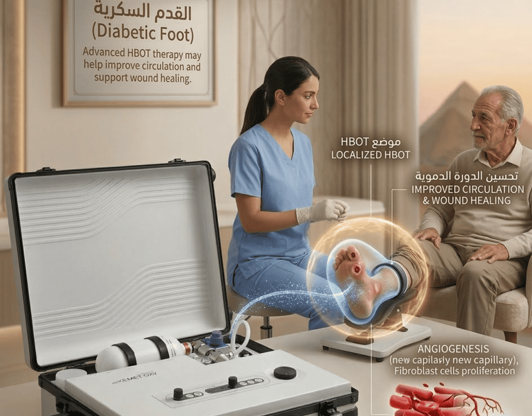 Portable HBOT therapy device for diabetic foot wound healing and improved circulation.