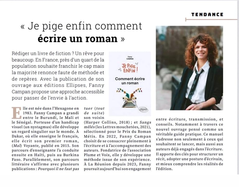Article de presse sur le livre "Je pige enfin comment écrire un roman !" de Fanny Campan.