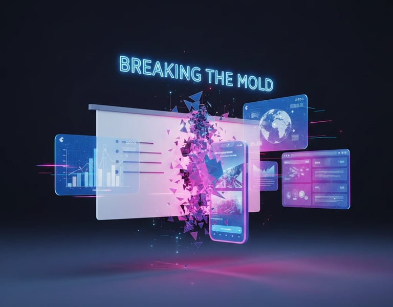  Futuristic digital art featuring a shattering interface with the text "BREAKING THE MOLD" and glowi