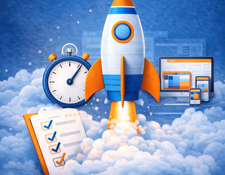 A 3D rocket launching through clouds with a stopwatch, checklist, and responsive web design screens.