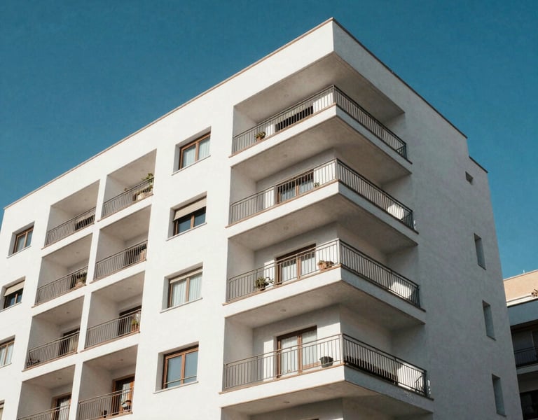 A sunny, wide-angle photograph of a contemporary residential building with clean white architecture and large balconies located in Madrid. Vibrant blue sky in the background.