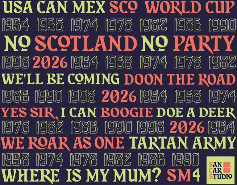 Scottish Inspred Tartan Army phrases and the years Scotland have qualified for the World Cup