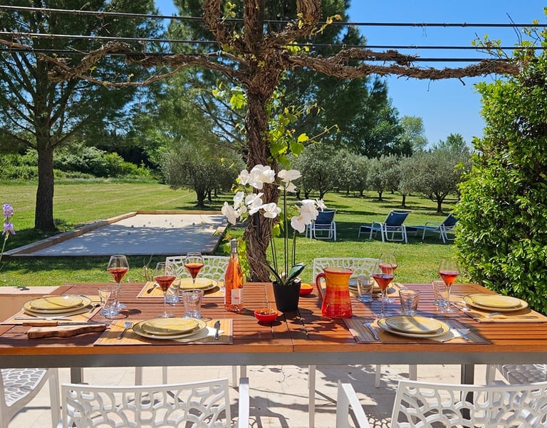 sur la terrasse la table est dressée, une orchidée,, verres de vin remplis de rosé et vue sur jardin