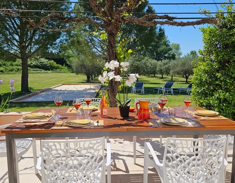 sur la terrasse la table est dressée, une orchidée,, verres de vin remplis de rosé et vue sur jardin