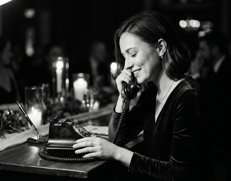 A smiling woman uses a vintage rotary phone audio guestbook at a formal wedding reception.