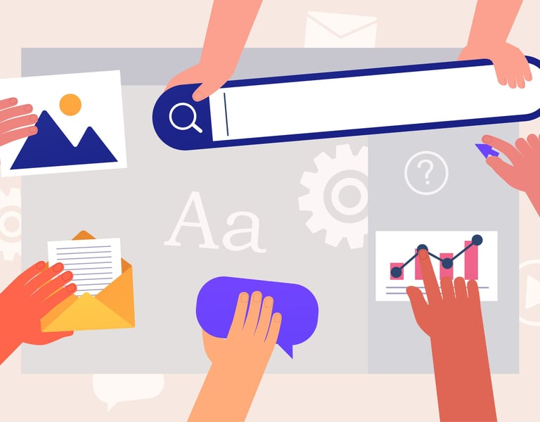 Simple graphic illustration with four cartoonish hands helping each other design and build a website
