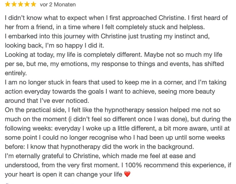 5-star client review saying how RTT shifted emotions entirely, moving from fear to taking action 