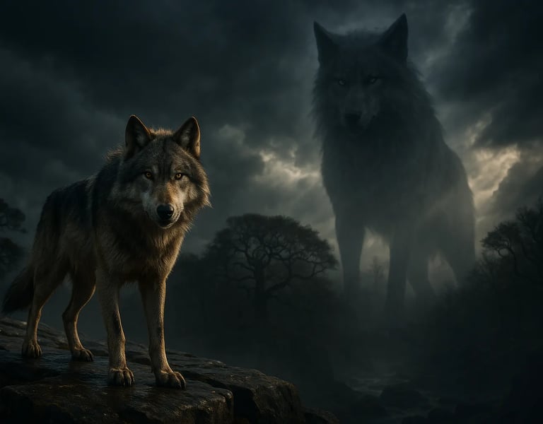 Eteryczny wilk-duch w mgle – symbol intuicji, wewnętrznej siły i obecności archetypu w ludzkiej psychice