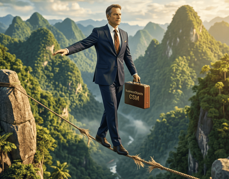 Businessman in suit walking a tightrope between tropical mountains carrying a BI 4.3 briefcase — rep