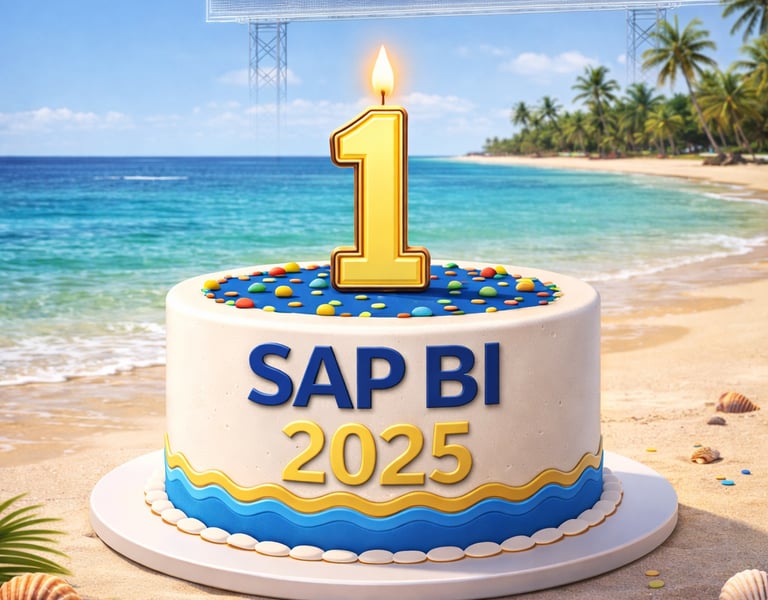 SAP BI 2025 first birthday cake on a beach with BI 2027 planning billboard in the background