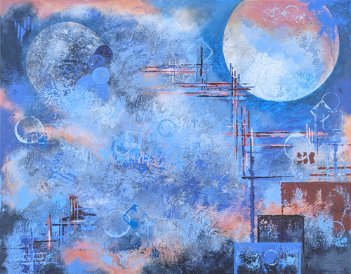 Abstract painting in blues with accents of peach and rose. Multiple orbs and marks like map lines