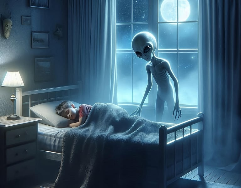 Michael sleeping in his bed as a humanoid figure stands beside him, light shimmering in the room.