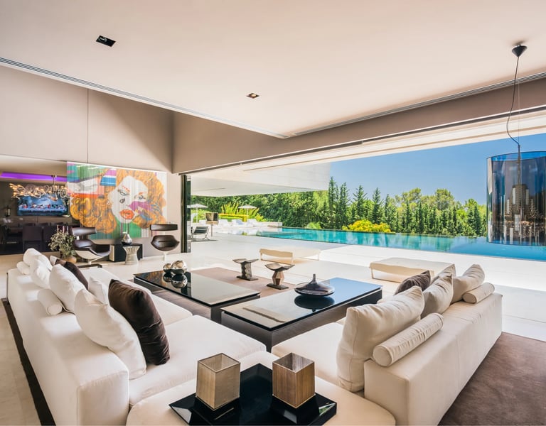 Contemporary lounge with panoramic pool terrace