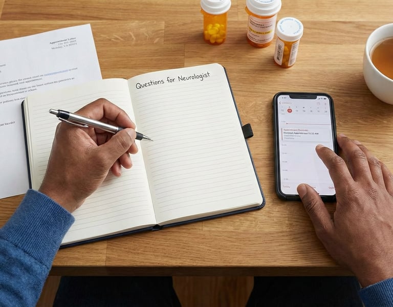 A top-down photograph captures a person's hands on a wooden table. One hand holds a pen over a notebook
