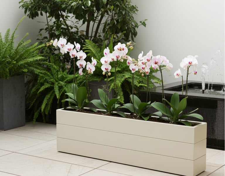 elegant outdoor wooden planter painted in grey blue with patio tree made from wood 