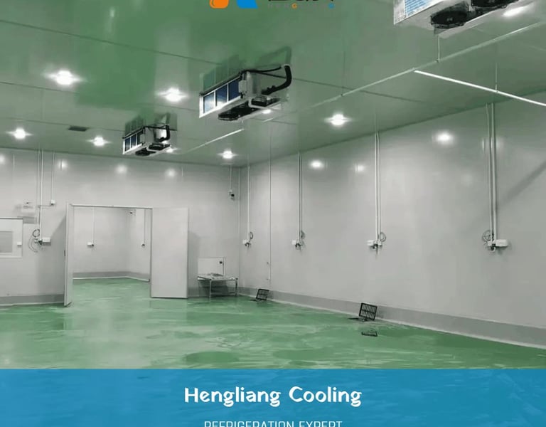 industrial meat cold storage room with hanging carcasses and temperature control system