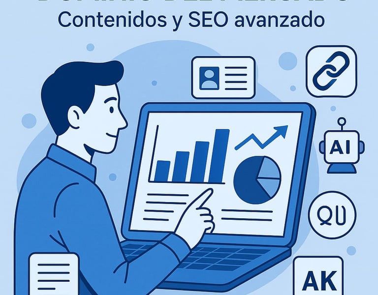 Ilustración de un profesional analizando gráficos en una laptop con iconos de SEO, inteligencia artificial y enlaces. Represe