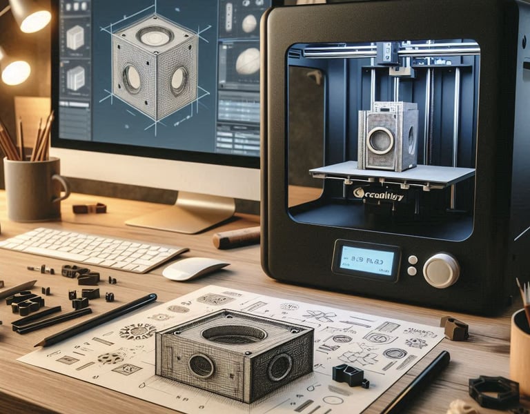 Centre d'ingénierie avec croquis, écran CAO & DAO et imprimante 3D pour la réalisation finale