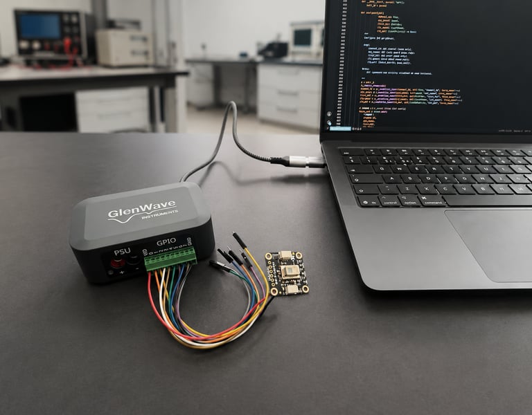 GlenWave's UPG-812 device on a desk in a lab, connected to a thermal imaging sensor and a laptop.