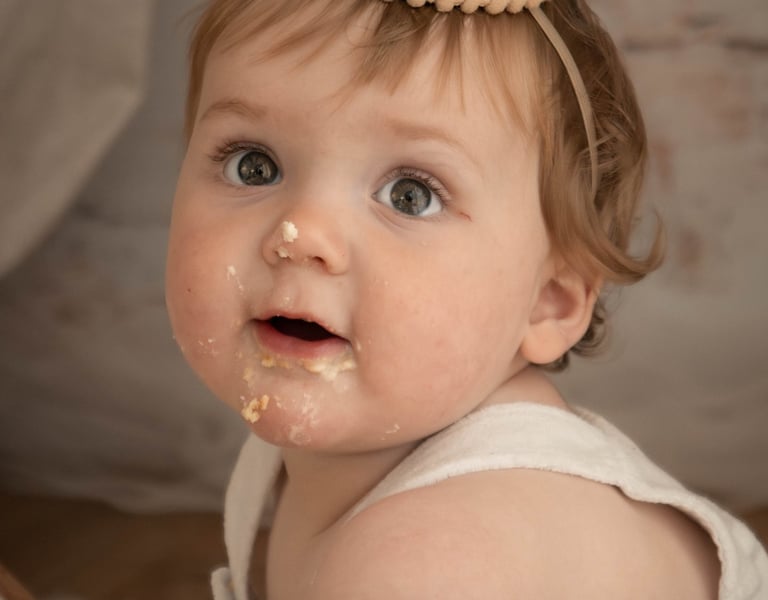 Baby boy celebrating his first birthday cake smash wearing a burlap party hat.