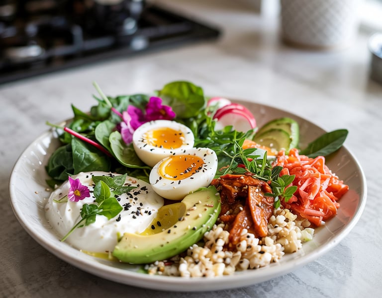 Gut-Friendly Keto Glow Bowl with cauliflower rice, avocado,sauerkraut,and soft-boiled eggs in a bowl