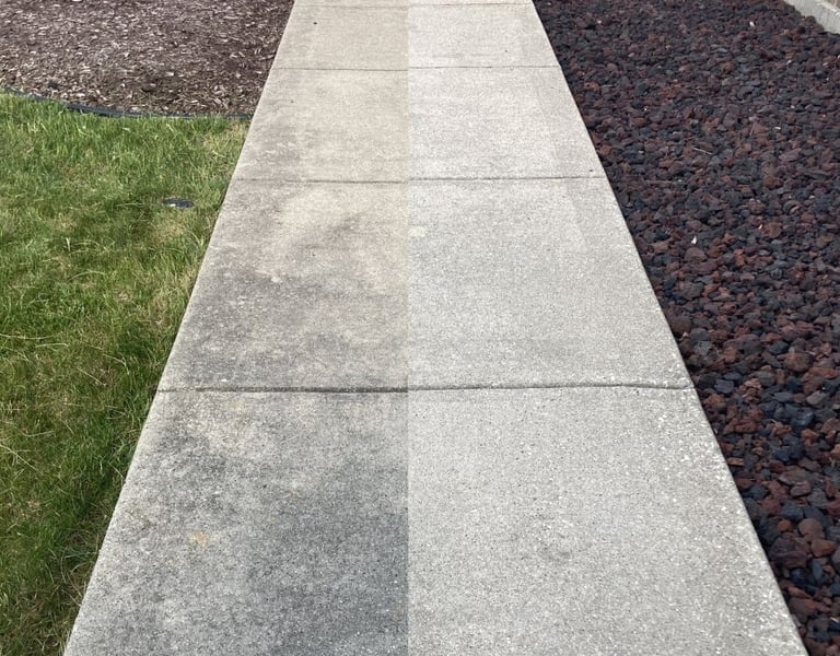 Split view of power washing concrete sidewalk in Orland Park.