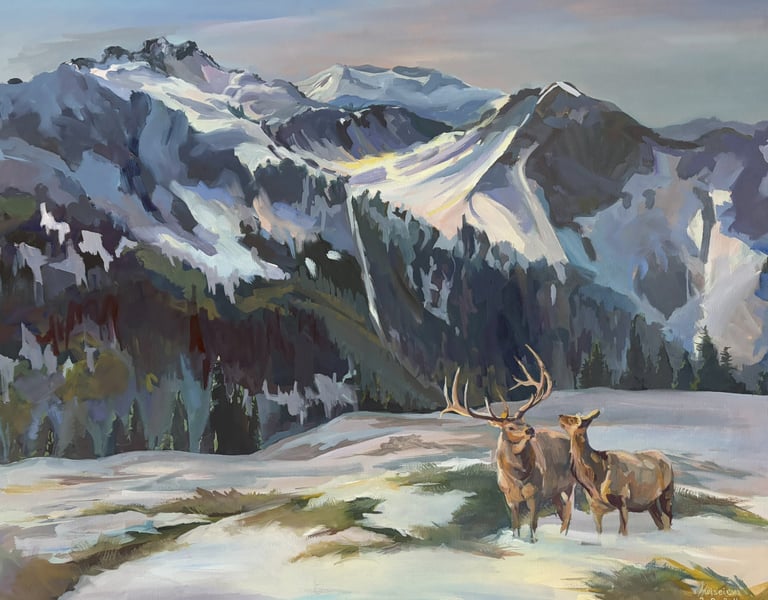 'Echoes of Nature' 24x30 inches Mountain Landscape with Elk Oil Painting by Angela Moiseieva