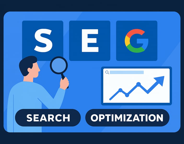 Flechas apuntando hacia el logotipo de Google SEO con íconos de búsqueda y optimización