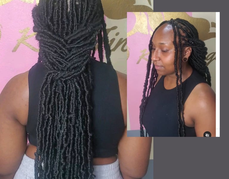 A woman with long, neatly styled faux locs, flowing effortlessly down her back. The smooth, well-crafted locs create a sleek