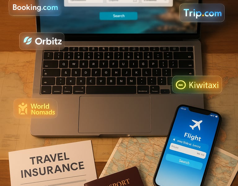 Flat lay of trusted travel resources including a laptop, smartphone with flight apps, passport, world map, and icons of Booki