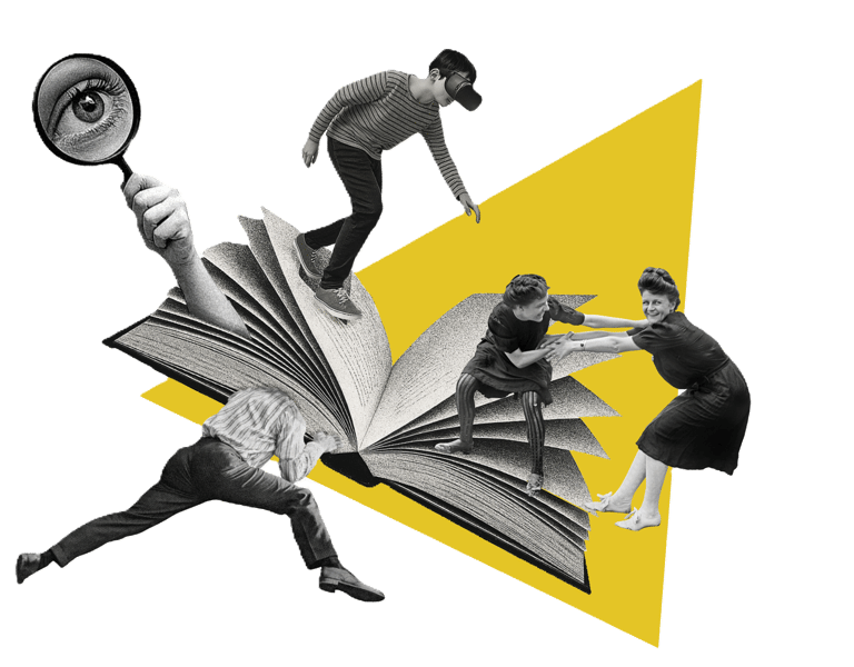 Collage von Menschen, die ein riesiges Buch erkunden, mit VR, Spiel und einem Vergrößerungsglas.