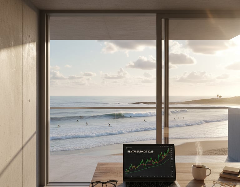 Escritório moderno em plano aberto com vista para o mar e surfistas no Baleal, Peniche, mostrando um