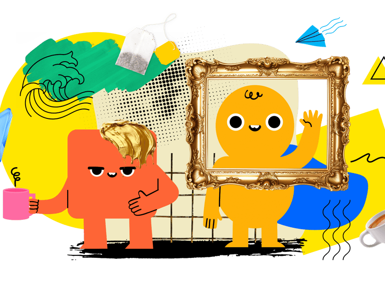 Creative collage featuring playful characters, a gold picture frame, and artistic graphic design elements.